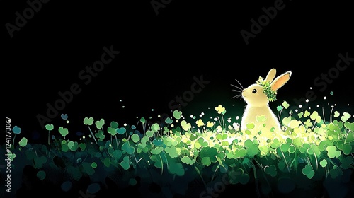   A rabbit in a field with clover on its back against a dark background photo