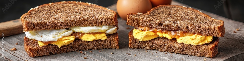 Freshly prepared sandwich with eggs on a cutting board, perfect for breakfast or lunch Freshly prepared sandwich with eggs on a cutting board, perfect for breakfast or lunch