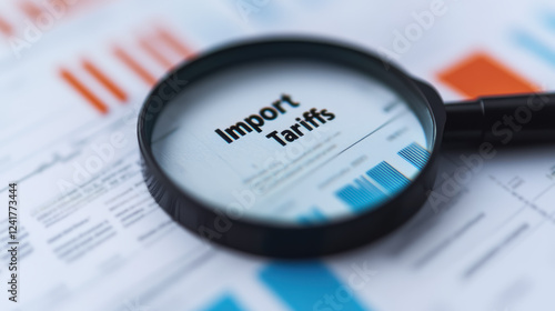 A magnifying glass focusing on the term Import Tariffs in an official trade document