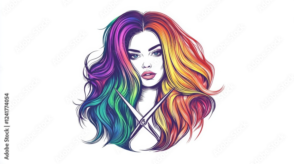 The logo for modern beauty showcases scissors encased by artistic hair elements in a circular composition, distinguished by simple lines and striking colors The logo for modern beauty showcases scissors encased by artistic hair elements in a circular composition, distinguished by simple lines and striking colors