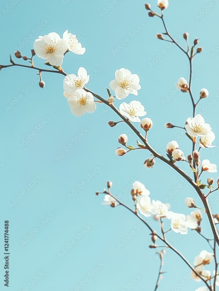 Spring Blossoms Against Blue Sky - Delicate white blossoms on slender branches against a clear blue sky. Perfect for spring themes, nature, and serenity. Spring Blossoms Against Blue Sky - Delicate white blossoms on slender branches against a clear blue sky. Perfect for spring themes, nature, and serenity.