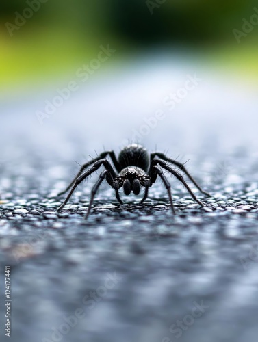 Spider on Asphalt Road - A close-up shot of a spider on a dark asphalt road.  The image symbolizes nature, wildlife, macro photography, insects, and survival. photo