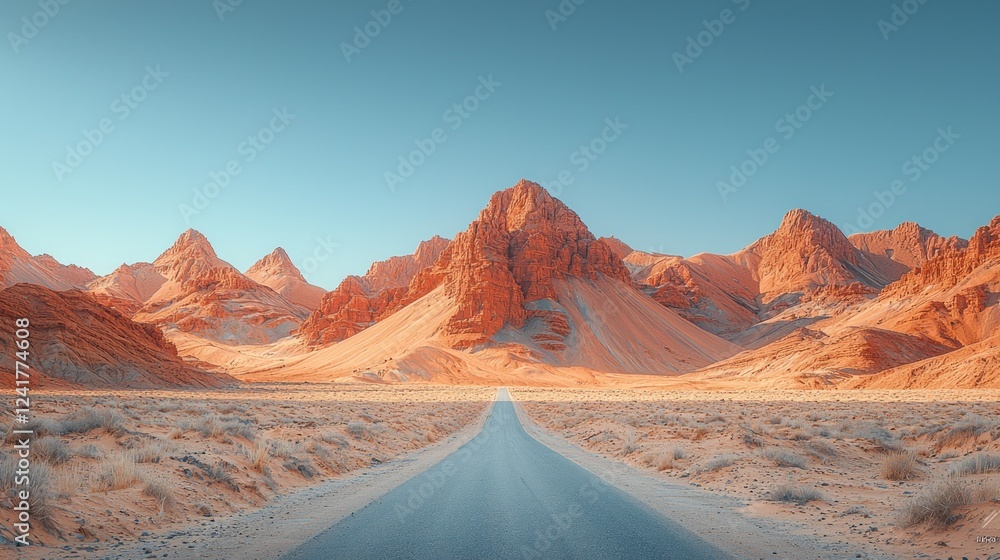 Naklejka premium Desert highway sunrise, red mountains, adventure travel