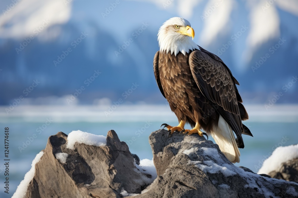 Fototapeta premium Proud bald eagle resting on a snow covered rock near a body of water, showcasing its powerful presence in a winter landscape