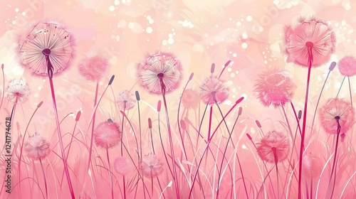   A painting depicts a field of dandelions on a pink backdrop, with lights emanating from above the dandelion heads