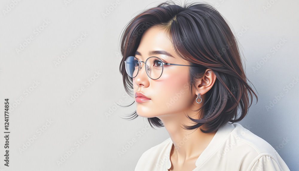 Pensive Asian woman wearing glasses, soft gray background, contemplation, digital art in photorealism style Pensive Asian woman wearing glasses, soft gray background, contemplation, digital art in photorealism style