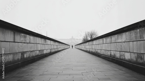 Solitary figure walks path, city background, misty day, contemplative mood, stock photo photo