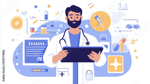 A doctor uses a tablet with a medical application, showcasing digital healthcare innovation.
