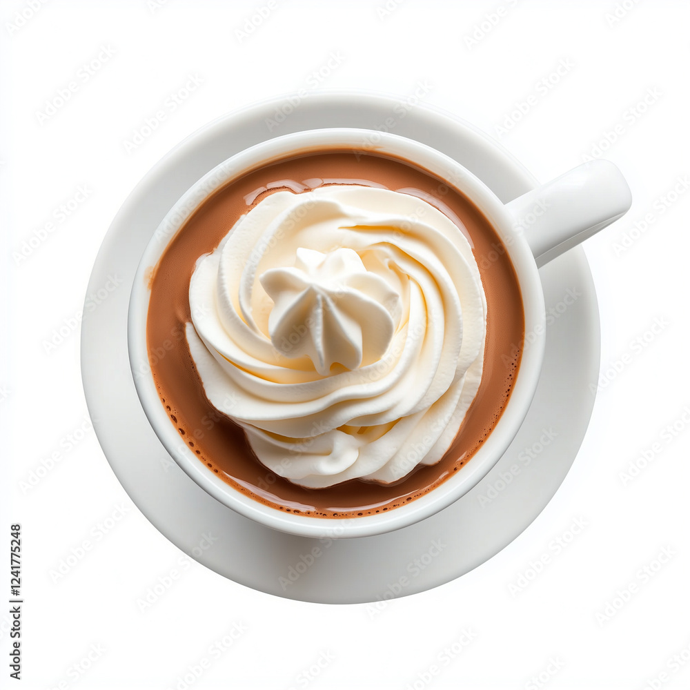 Porcelain of Hot Chocolate With Whipped Cream, Bone China, top view, stock photo, isolated on white, food photo Porcelain of Hot Chocolate With Whipped Cream, Bone China, top view, stock photo, isolated on white, food photo