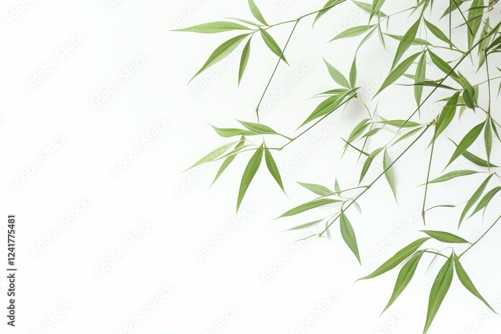 Bamboo branches and leaves arranged on a white background creating a natural, elegant frame Bamboo branches and leaves arranged on a white background creating a natural, elegant frame