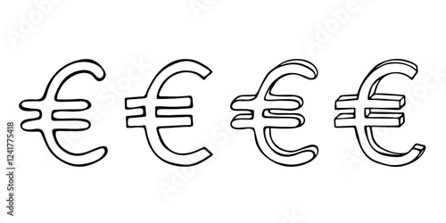 Hand drawn euro currency symbol set Brush stroke doodle Single element for design