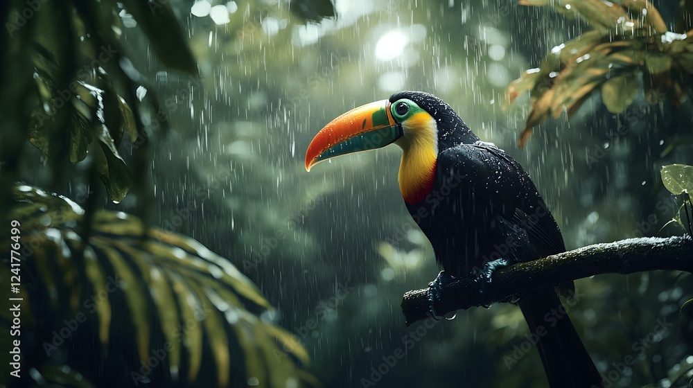 Obraz premium Photograph of a toucan sitting on a branch in a rainforest 