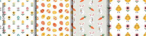 Vector cute seamless pattern set. Collection of cute backgrounds in flat design. Wrapping paper or fabric design. Easter springtime easter seamless pattern illustrations.