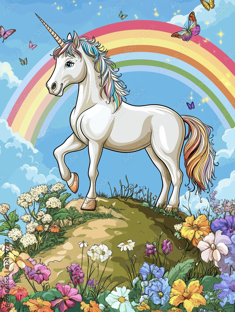 Fototapeta premium A majestic unicorn in a lush meadow with a rainbow in the background. Illustration.