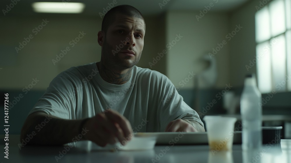 A middle-aged man sits at a table in a dimly lit prison cafeteria, staring thoughtfully into the distance. His expression reveals a mix of despair and longing for freedom in confinement A middle-aged man sits at a table in a dimly lit prison cafeteria, staring thoughtfully into the distance. His expression reveals a mix of despair and longing for freedom in confinement