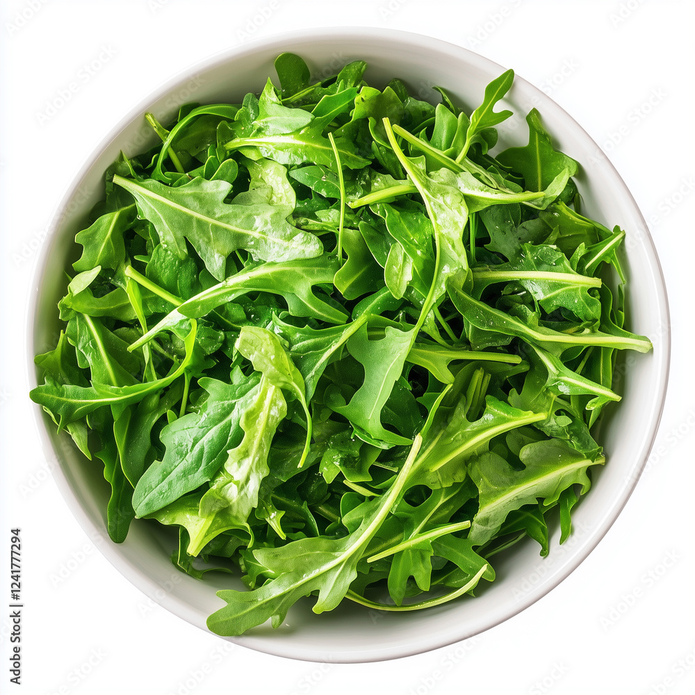 Bowl of Arugula Salad, Salad Bowl Style, top view, stock photo, isolated on white, food photography Bowl of Arugula Salad, Salad Bowl Style, top view, stock photo, isolated on white, food photography