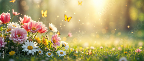 Dreamy Spring Garden Awakening with Pink Daisies and Dancing Golden Butterflies