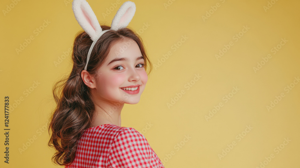 Easter celebration with Turkish teen in red gingham dress and bunny ears on yellow backdrop Easter celebration with Turkish teen in red gingham dress and bunny ears on yellow backdrop