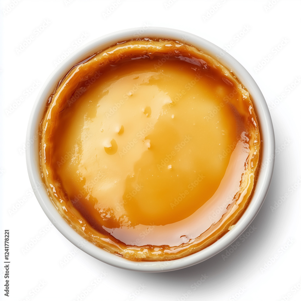 Bowl of Flan And Caramel Custard, Dessert Bowl Style, top view, stock photo, isolated on white, food photography Bowl of Flan And Caramel Custard, Dessert Bowl Style, top view, stock photo, isolated on white, food photography