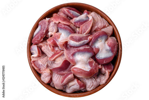 Fotografi Raw chicken or turkey gizzards with salt, spices and herbs