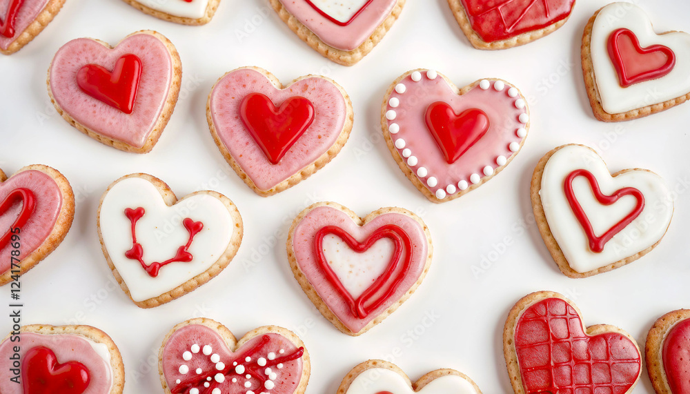 Fototapeta premium Row of heart-shaped cookies with red icing and white icing. The cookies are arranged in a row on a white background