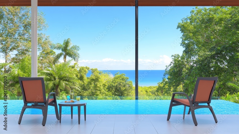 Tranquil Poolside Oasis - Two chairs sit by an infinity pool overlooking a lush tropical landscape and ocean. Perfect for relaxation and luxury travel. Tranquil Poolside Oasis - Two chairs sit by an infinity pool overlooking a lush tropical landscape and ocean. Perfect for relaxation and luxury travel.
