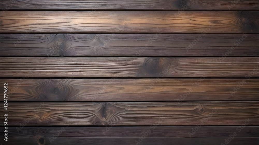 Obraz premium A close-up view background, dark wooden texture of planks arranged horizontally, highlighting the natural grain and warm hues, creating a rustic and inviting atmosphere. Generative AI