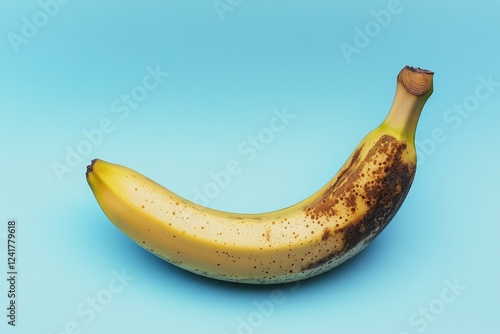 A single ripe banana sitting on a bright blue background