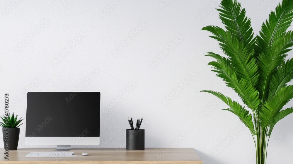 Fototapeta premium A modern workspace featuring a computer and lush green plants for a refreshing vibe.
