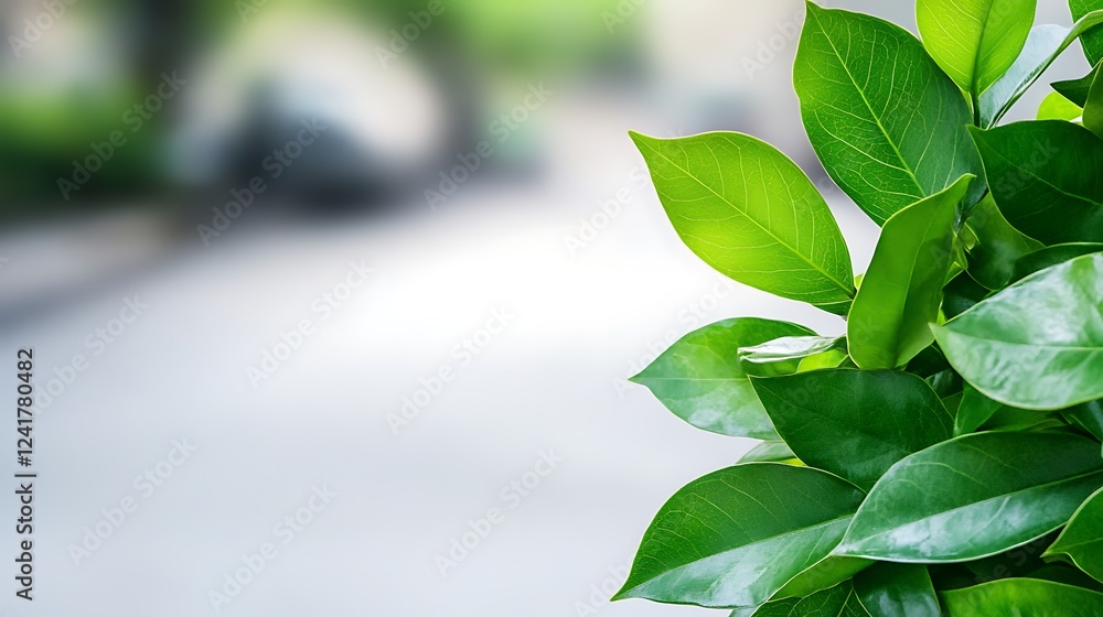 Fototapeta premium Lush green leaves, city street blur