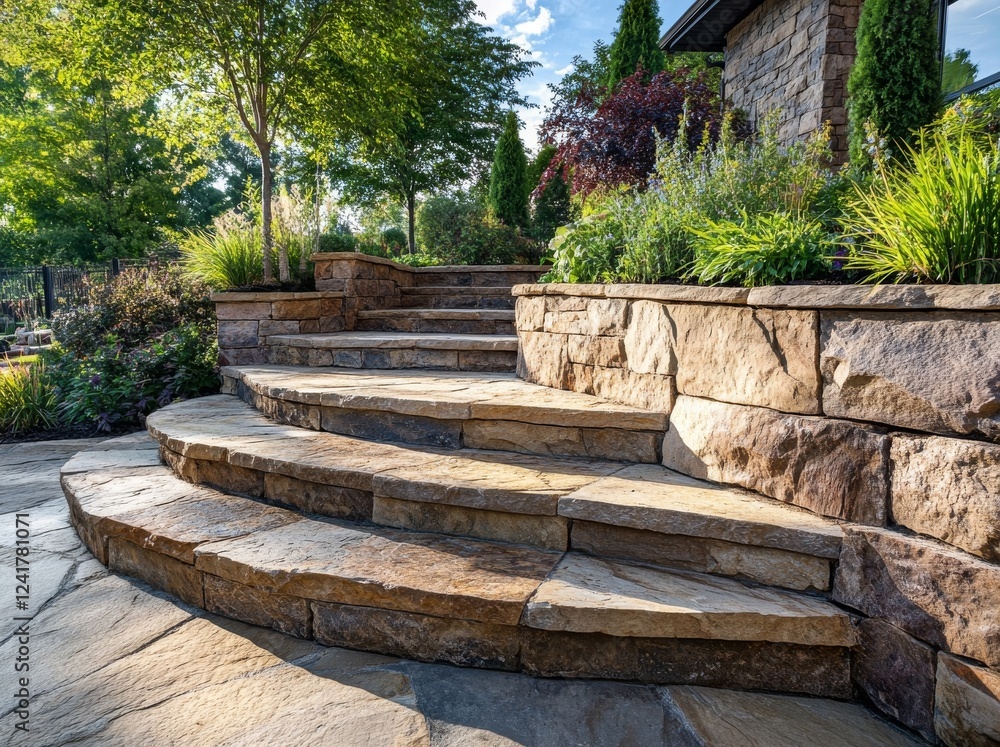 Rugged concrete blocks are skillfully stacked to create a solid retaining wall, effectively stabilizing soil and serving as a robust outdoor landscaping element Rugged concrete blocks are skillfully stacked to create a solid retaining wall, effectively stabilizing soil and serving as a robust outdoor landscaping element