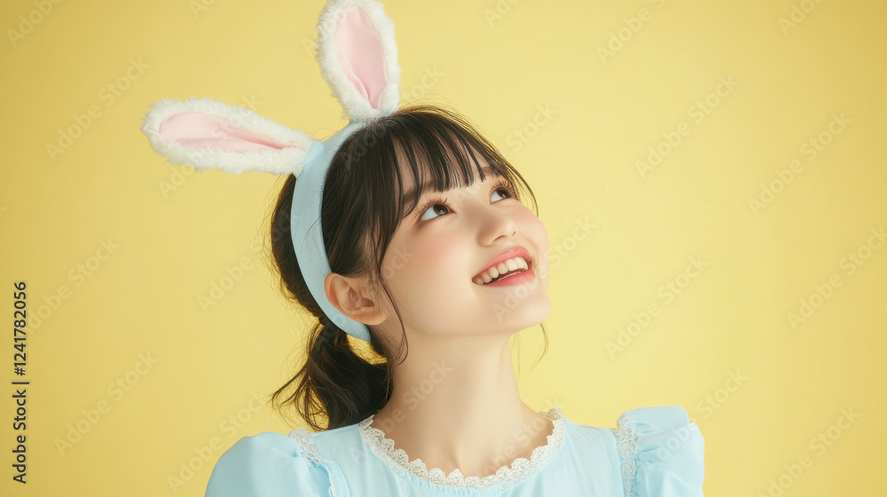Easter joy with Japanese teen in blue dress and bunny ears on yellow backdrop Easter joy with Japanese teen in blue dress and bunny ears on yellow backdrop