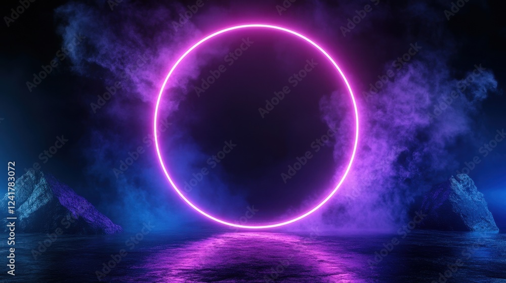 Fototapeta premium A neon circle illuminated in vibrant pink light amidst a smoky backdrop.
