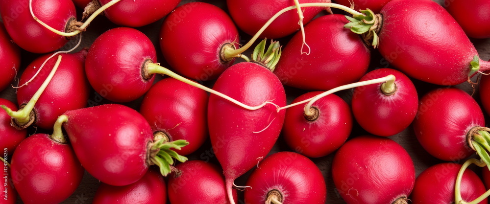 Fresh red radishes with green stems close-up Fresh red radishes with green stems close-up