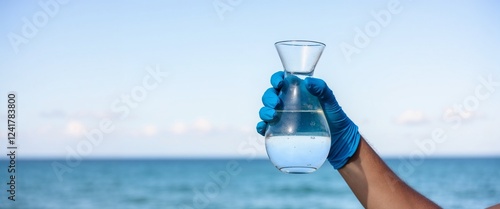 Hand holding water sample against ocean backdrop