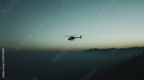 Helicopter sunset flight over mountains photo