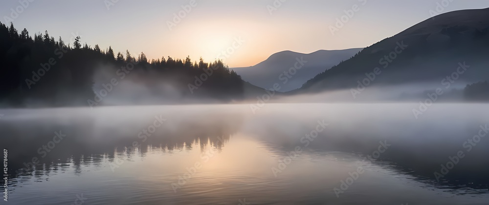 Fototapeta premium An ethereal mist enveloping a tranquil lake at dawn creating an enchanting scene