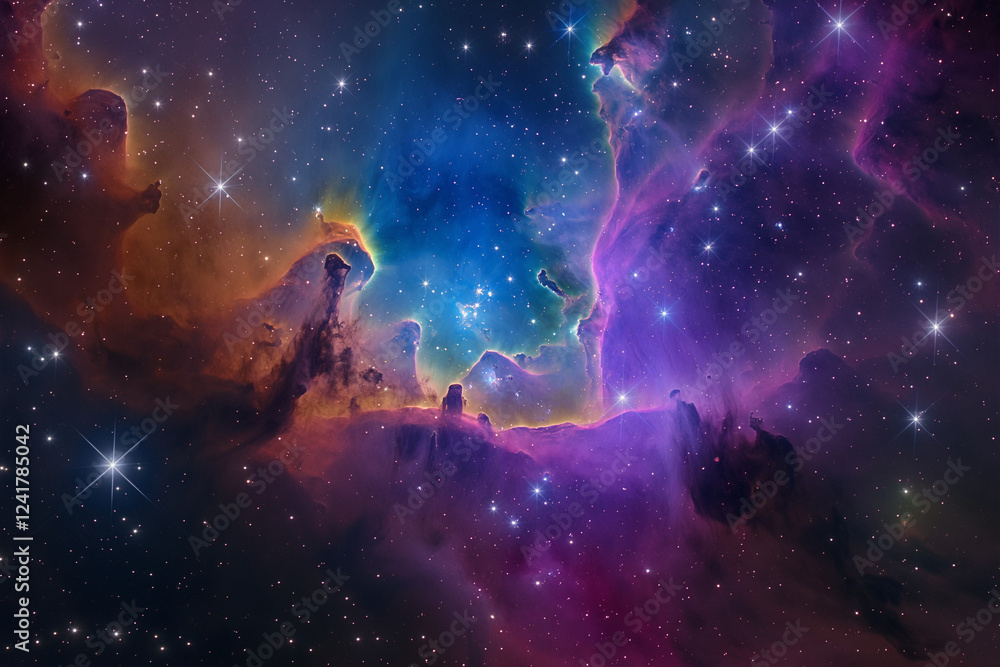 Fototapeta premium A breathtaking cosmic spectacle featuring a vast, colorful space galaxy cloud nebula illuminated by radiant starlight. Swirling clouds of deep purples, electric blues, fiery oranges