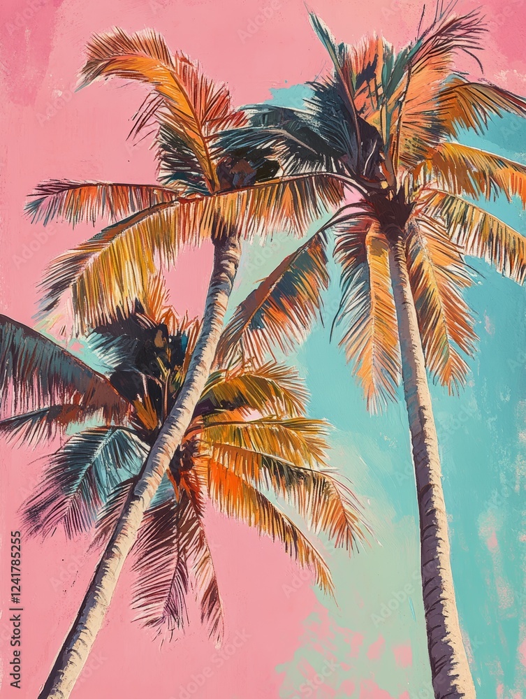 Fototapeta premium Soft pastel illustration of coconut trees for tropical travel marketing campaigns