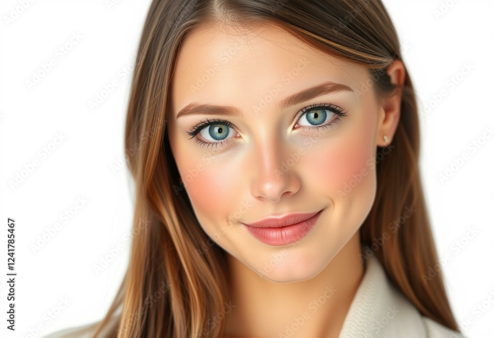 Naklejka premium Female portrait with brown hair and blue eyes on white background