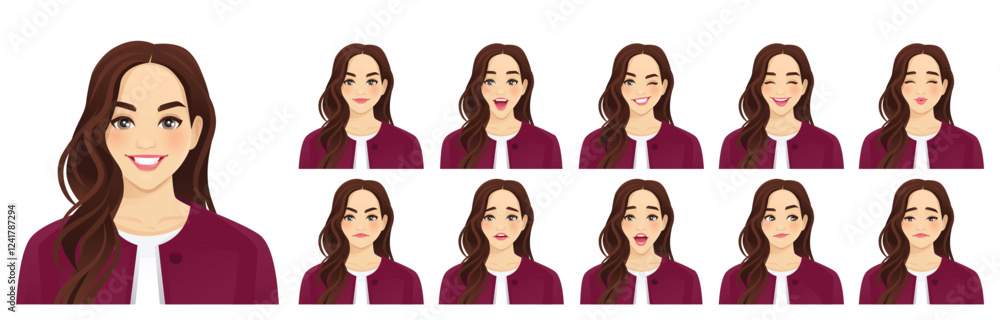 Beautiful business young woman. Different facial expressions set. Isolated vector illustration Beautiful business young woman. Different facial expressions set. Isolated vector illustration