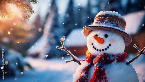 Winter christmas themed realistic picture snowman