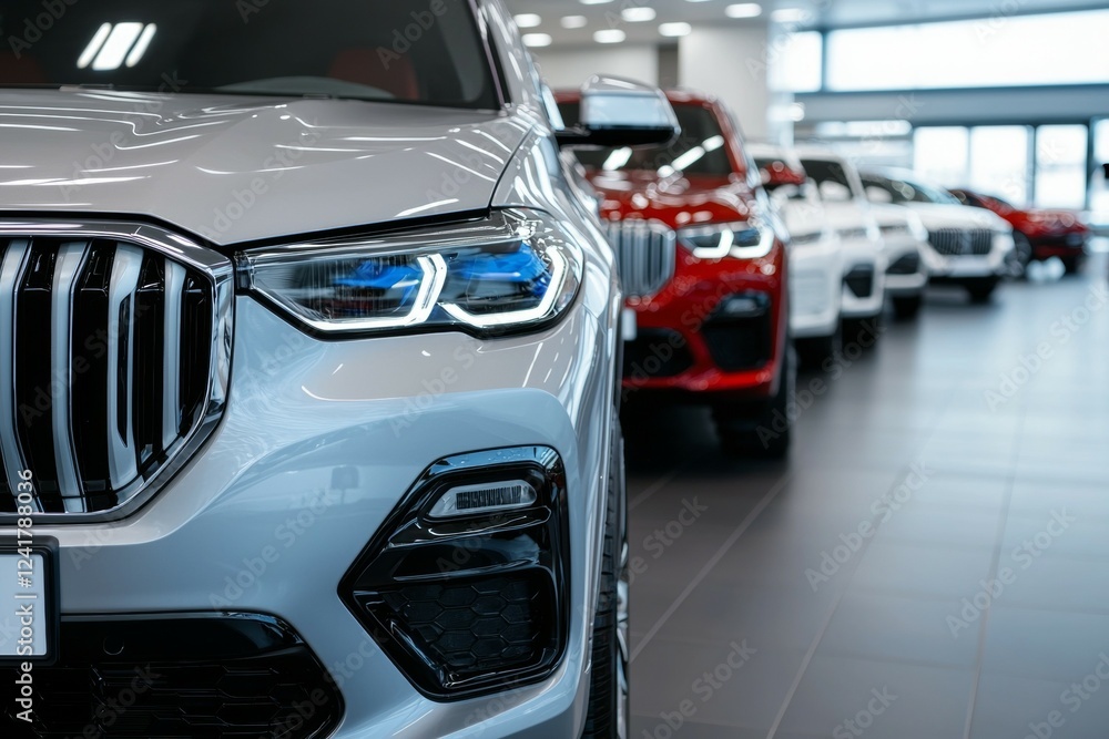Row of cars are on display in a showroom Row of cars are on display in a showroom