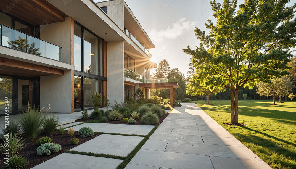 Modern home exterior with lush garden at sunset, serene elegance Modern home exterior with lush garden at sunset, serene elegance