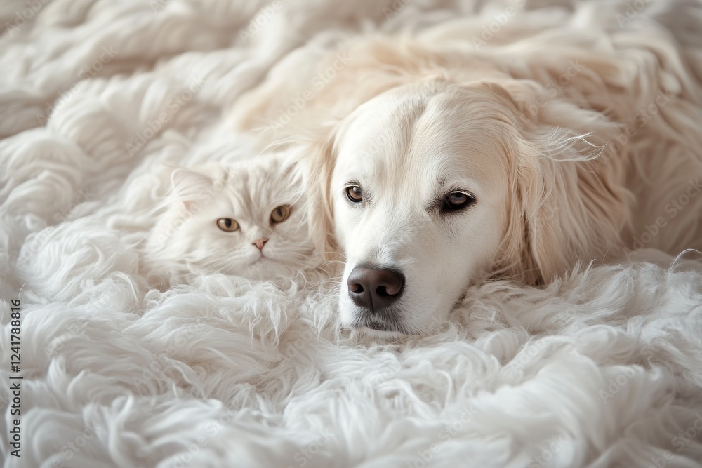 A serene scene of a Golden Retriever and a cat resting on a white background provides ample space for product placement or to insert advertising text A serene scene of a Golden Retriever and a cat resting on a white background provides ample space for product placement or to insert advertising text