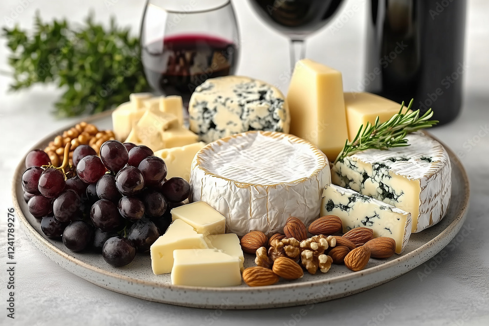 Plate with tasty cheese, grapes, nuts, bottle and glass of wine on white background Plate with tasty cheese, grapes, nuts, bottle and glass of wine on white background