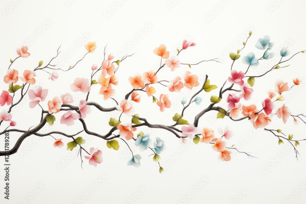 Fototapeta premium Gentle watercolor painting of a cherry blossom branch with colorful petals and green leaves, creating a serene and elegant atmosphere