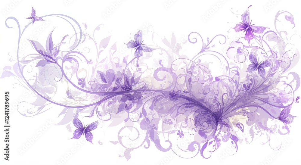 Vector purple floral background with swirls and butterflies Vector purple floral background with swirls and butterflies