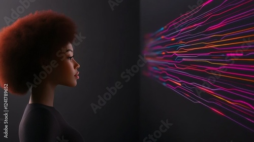 Woman Facing Digital Stream - A black woman with an afro faces a vibrant stream of digital data, symbolizing connection and technology.