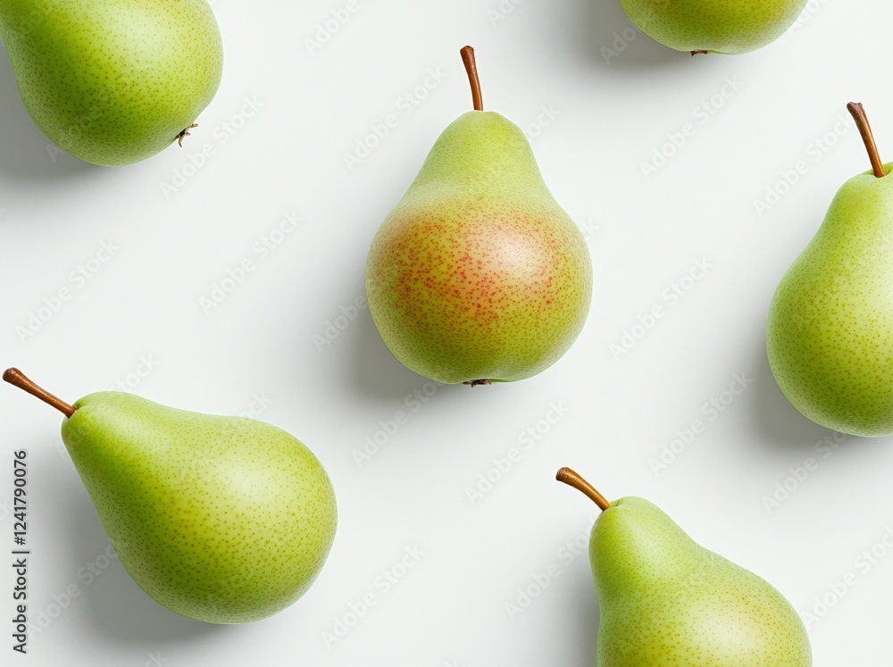 Row of green pears with a red spot on the top Row of green pears with a red spot on the top